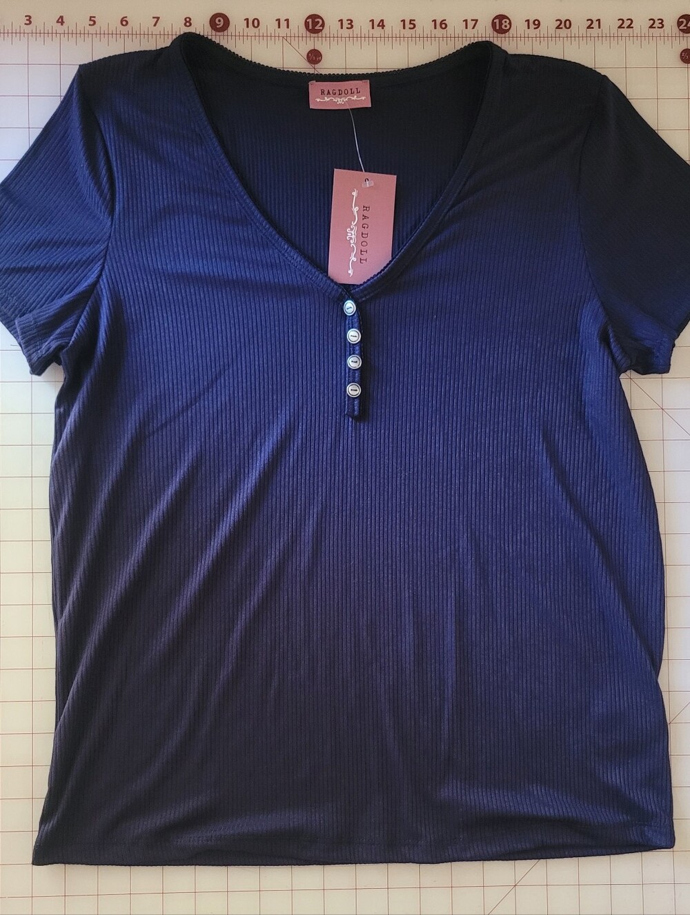 Ragdoll Navy Ribbed V-Neck Short Sleeve Top with Button Placket